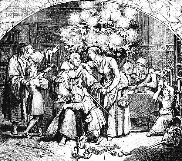 Martin Luthers Winterfreuden im Kreise seiner Familie  Zimmer  Winter  Freude  Weihnachten  Armbrust  Geschenke  Tannenbaum  Lichter  Kerzen  Religion  Kinder  Frauen  Protestantismus  16. Jahrhundert  historische Illustration um 1860