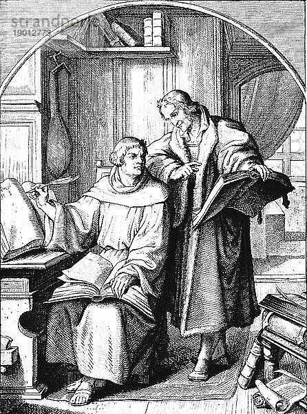 Martin Luther setzt mit Hilfe von Melanchton die Bibelübersetzung fort  zwei personen  Zimmer  Schreibtisch  Regal  Bücher  Vorhang  Religion  Christentum  Jahre 1523-1524  16. Jahrhundert  historische Illustration um 1860