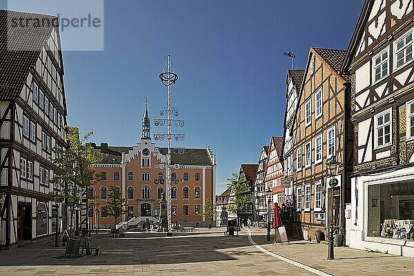 Marktplatz mit Maibaum und Rathaus in der historischen Altstadt mit vielen Fachwerkhäusern  Hofgeismar  Hessen  Deutschland  Europa