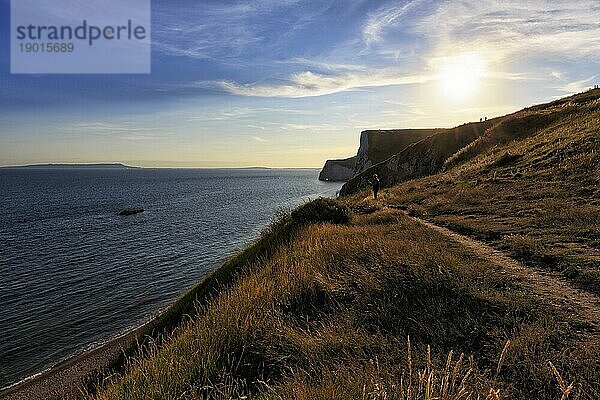 Küstenlinie  Küstenweg  Fernwanderweg am Durdle Door  Kreideküste im Gegenlicht  Dorset  England  Großbritannien  Europa