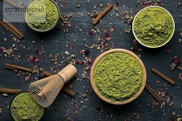 Draufsicht traditioneller asiatischer grüner Tee. Auflösung und hohe Qualität schönes Foto