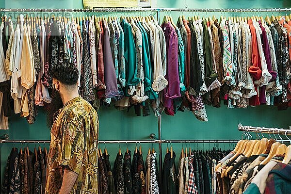 Junger Mann Hemd wählen Kleidung Einkaufszentrum Bekleidungsgeschäft. Schönes Foto