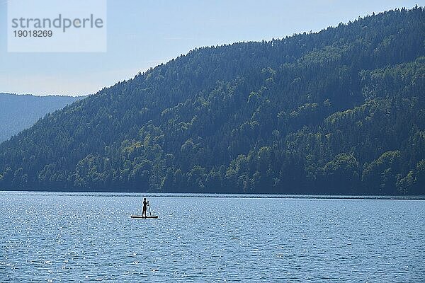 See  Standup Paddler  Wasser  Sonne  Glitzert  Gegenlicht  Sommer  Millstätter See  Millstatt  Kärnten  Österreich  Europa