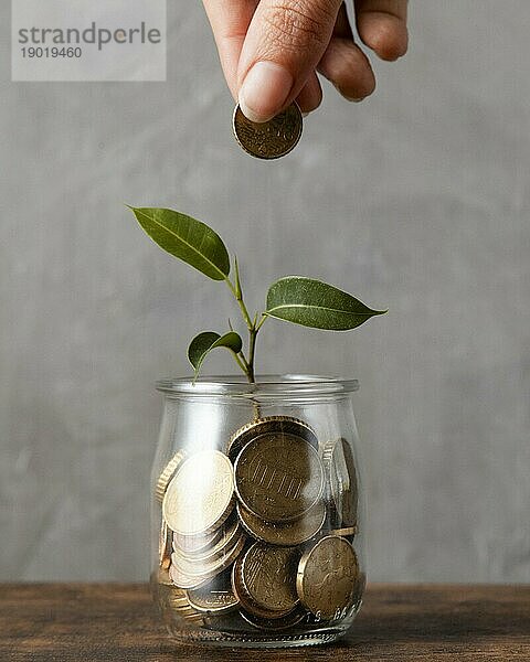 Vorderansicht Hand Hinzufügen von Münzen Glas mit Pflanze andere Münzen. Auflösung und hohe Qualität schönes Foto