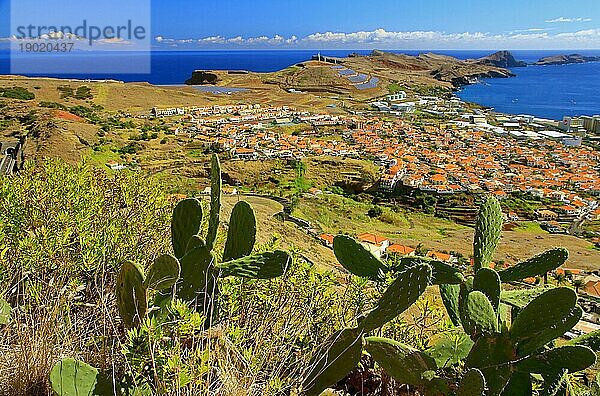 Blick auf das Dorf Caniçal  Kakteen  Ostküste  Ponta de São Lourenço  Insel Madeira