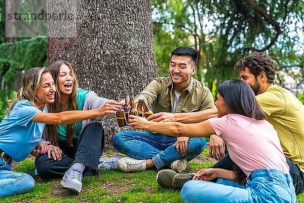 Eine Gruppe multiethnischer Freunde  die im Stadtpark neben einem Baum sitzen und mit Bierflaschen anstoßen
