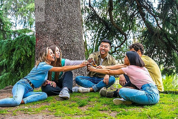 Eine Gruppe multiethnischer Freunde  die im Stadtpark neben einem Baum sitzen und mit Bierflaschen anstoßen