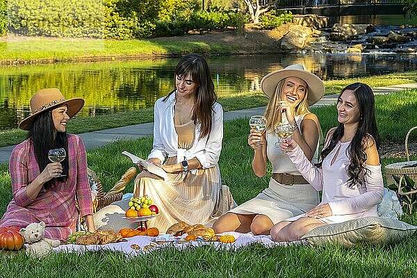 Eine Gruppe schöner Frauen genießt ein Picknick an einem Herbsttag im Freien