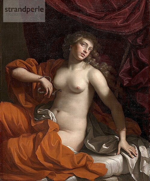 Der Selbstmord der Kleopatra  Kleopatra steht neben ihrem Bett und hält die Schlange in ihrer linken Hand  Gemälde von Benedetto Gennari  Historisch  digital verbesserte Reproduktion einer Vorlage aus der damaligen Zeit