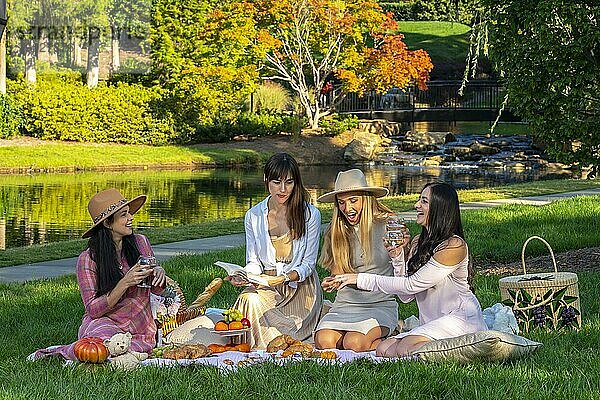 Eine Gruppe schöner Frauen genießt ein Picknick an einem Herbsttag im Freien