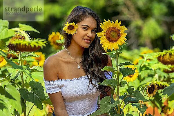 Eine schöne asiatische Brunette Modell posiert im Freien in einem Feld von Sonnenblumen