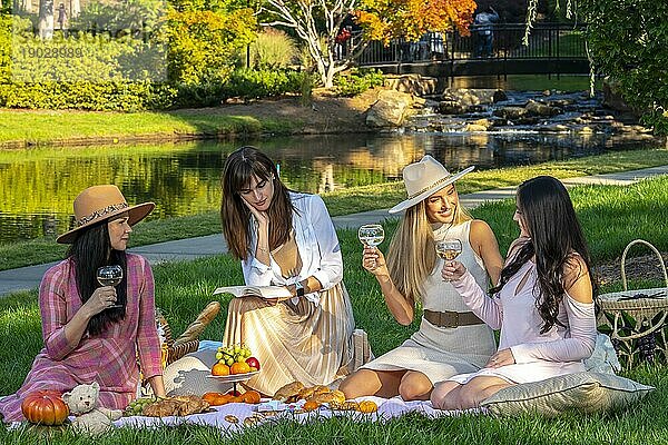 Eine Gruppe schöner Frauen genießt ein Picknick an einem Herbsttag im Freien