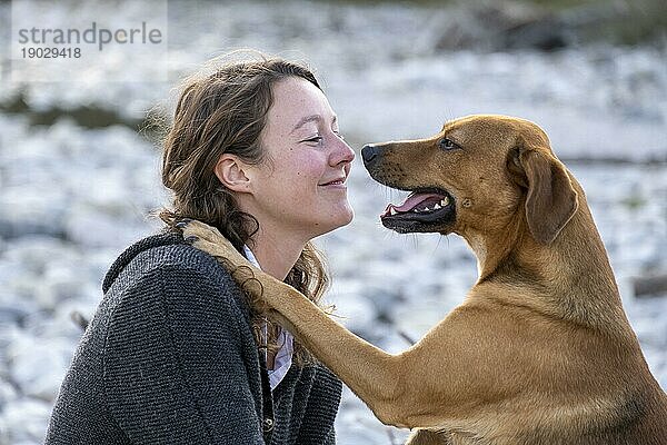 Junge Frau mit ihrem Hund  innige Beziehung  Tierliebe  Oberbayern  Bayern  Deutschland  Europa