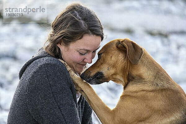 Junge Frau mit ihrem Hund  innige Beziehung  Tierliebe  Oberbayern  Bayern  Deutschland  Europa