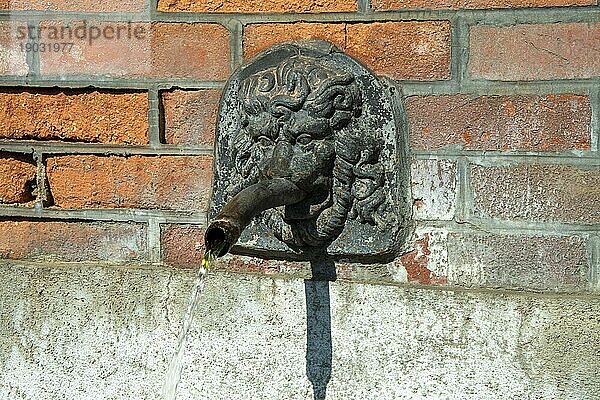 Springbrunnen in Form eines Löwenkopfes. Dorf Esteil. Regionaler Naturpark Livradois Forez. Departement Puy de Dome. Auvergne Rhone Alpes. Frankreich