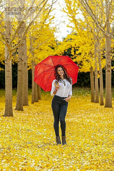 Ein schönes brünettes Modell genießt einen Herbsttag mit gelbem Herbstlaub