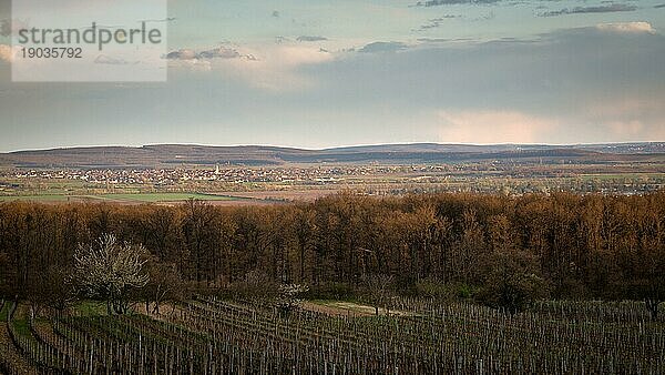 Dorf Schützen am Leithagebirge im Burgenland mit Hügeln im Hintergrund