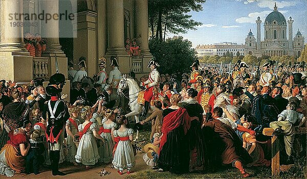Der Einzug von Kaiser Franz I in Wien nach dem Pariser Frieden am 16. Juni 1814  Gemälde von Peter Krafft  Historisch  digital restaurierte Reproduktion von einer Vorlage aus der damaligen Zeit