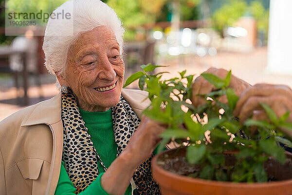 Eine ältere Frau  die sich um die Blumen im Garten eines Pflegeheims oder Seniorenheims kümmert  alter Mann und alte Frau