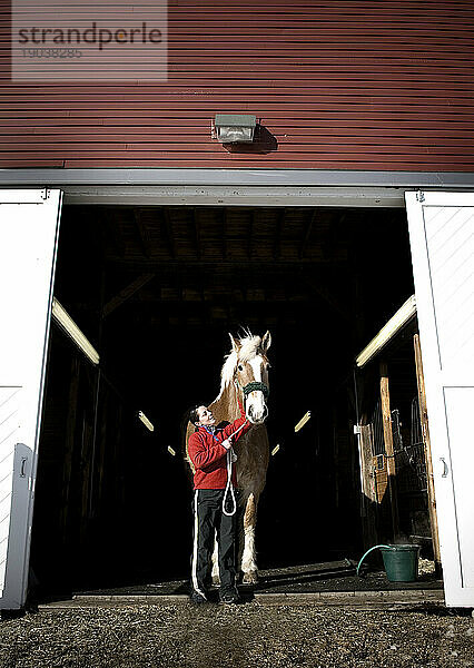 Frau steht mit Pferd im Stall  Maine.