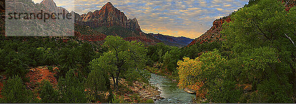 Sonnenaufgang über dem Virgin River im Zion-Nationalpark im Süden Utahs im Herbst 2010. In der Ferne blickt die Felsformation Watchman über das Zion Valley.