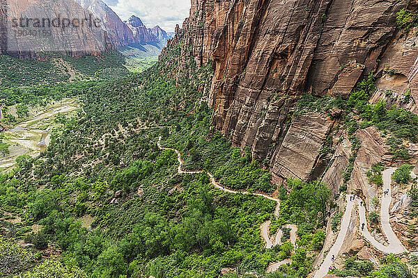 Blick aus der Vogelperspektive auf Serpentinen auf dem Weg zum Gipfel des Angels Landing im Zion-Nationalpark  Utah  USA