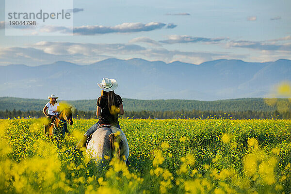 Zwei Cowgirls reiten bei Sonnenuntergang durch ein Rapsfeld