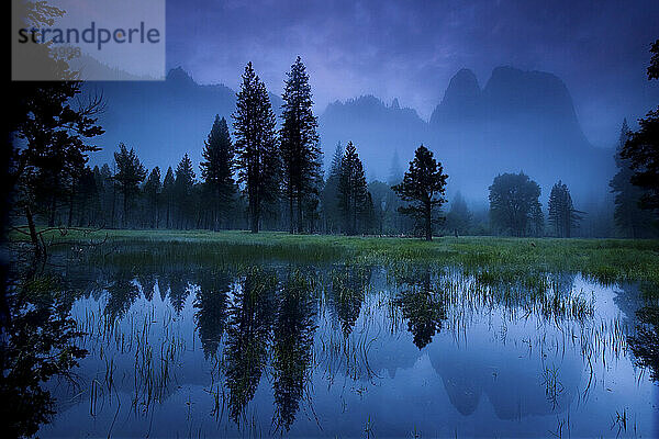 Cathedral Rock im Yosemite-Nationalpark  Kalifornien  spiegelt sich in einem saisonalen Frühlingsteich  bevor das Morgenlicht das Yosemite-Tal berührt; Mai 2008.