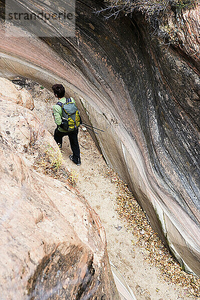Erhöhte Ansicht einer Wanderin in einer engen Schlucht im Zion-Nationalpark  Utah.