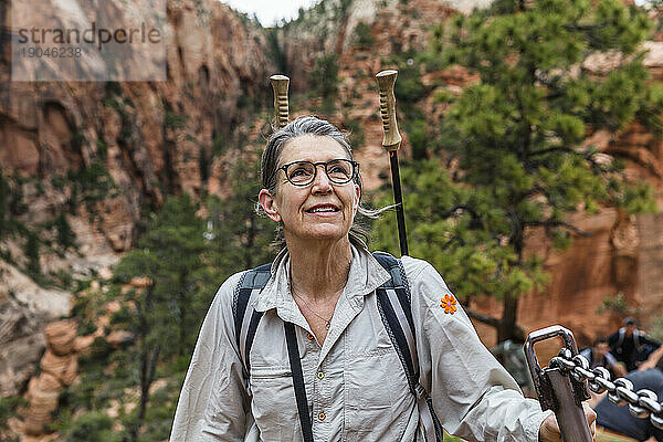 Female hiker on way to Angels Landing  Zion National Park  Utah