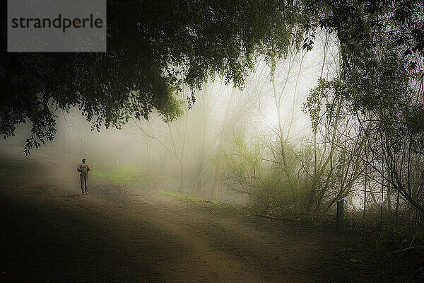 Ein einsamer Wanderer  der an einem nebligen Morgen in einem Regionalpark am Flussufer spaziert