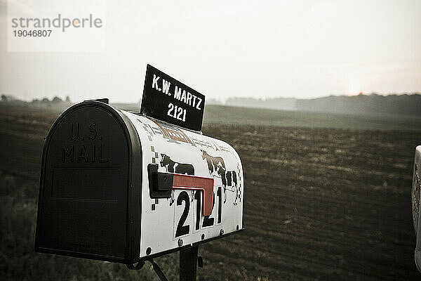 Mit Kühen geschmückter Briefkasten mit Blick auf das Feld einer familiengeführten Milchfarm in Keymar  Maryland.