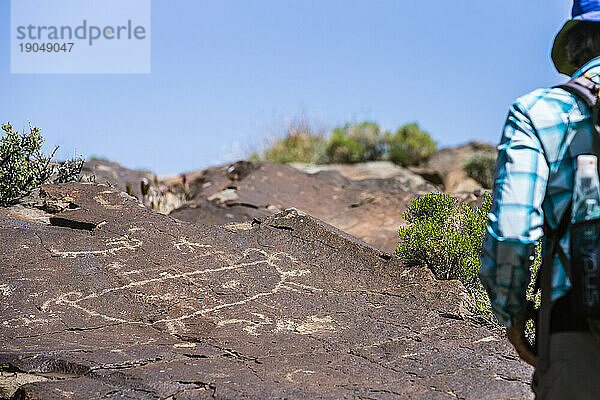 Mit Petroglyphen bedeckter Felsbrocken im Little Petroglyph Canyon  Ridgecrest  Kalifornien  USA