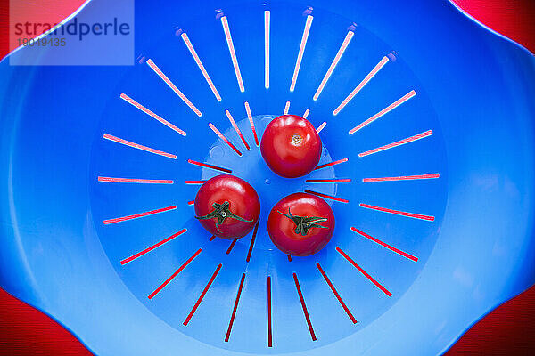 Draufsicht auf drei Tomaten in einem blauen Sieb
