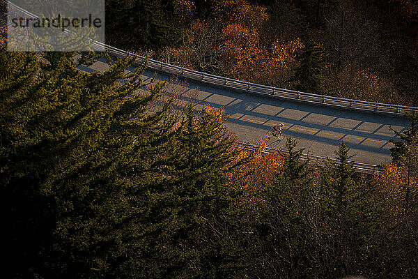 Mann auf Rennrad auf dem Blue Ridge Parkway im Herbst (landschaftlich reizvoll)