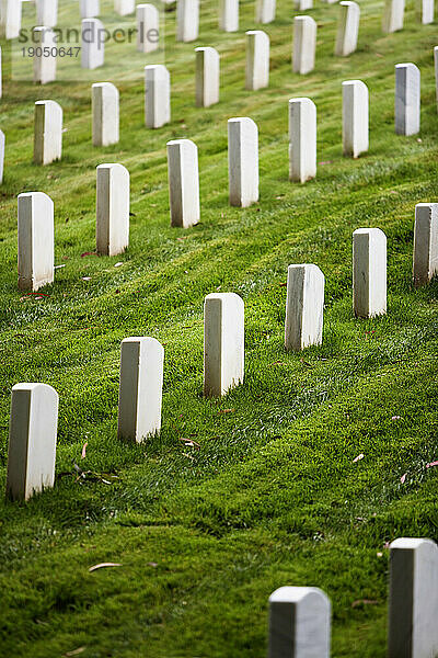 Nahaufnahme von weißen Grabsteinen auf dem San Francisco National Cemetery.