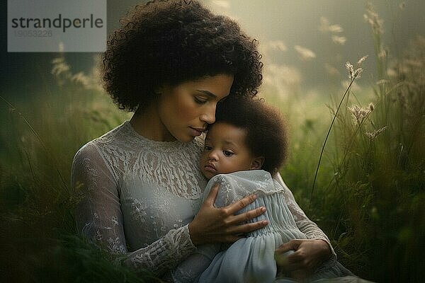 Mutter  afro amerikanisch  mit kleiner Tochter liebevoll in einer Wiese in der Sonne  Liebe  Familie  Freude  KI generiert