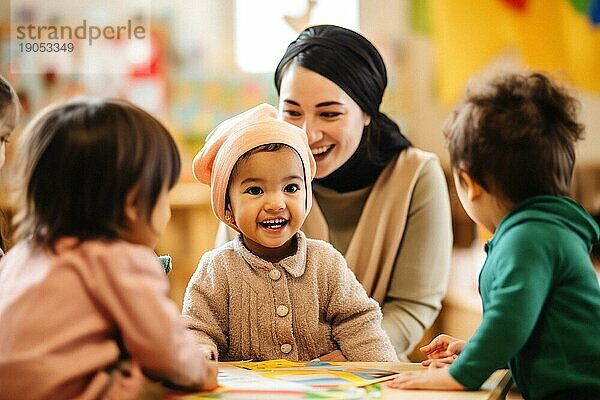 Fröhlich spielende Kinder verschiedener Ethnien  afro amerikanisch  eurasich  asiatisch  im Kindergarten  KI generiert