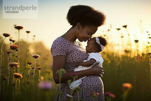 Mutter  afro amerikanisch  mit kleiner Tochter liebevoll in einer Wiese in der Sonne  Liebe  Familie  Freude  KI generiert