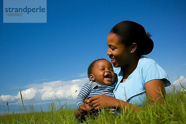 Mutter  afro amerikanisch  mit kleiner Tochter liebevoll in einer Wiese in der Sonne  Liebe  Familie  Freude  KI generiert