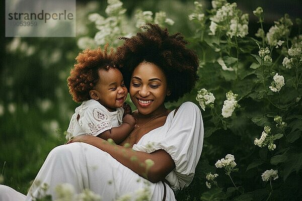 Mutter  afro amerikanisch  mit kleiner Tochter liebevoll in einer Wiese in der Sonne  Liebe  Familie  Freude  KI generiert