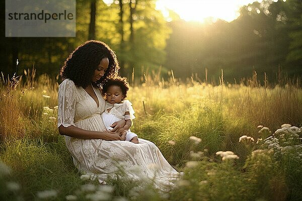 Mutter  afro amerikanisch  mit kleiner Tochter liebevoll in einer Wiese in der Sonne  Liebe  Familie  Freude  KI generiert