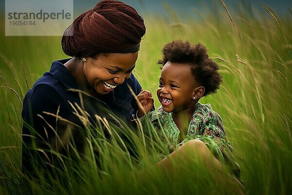 Mutter  afro amerikanisch  mit kleiner Tochter liebevoll in einer Wiese in der Sonne  Liebe  Familie  Freude  KI generiert