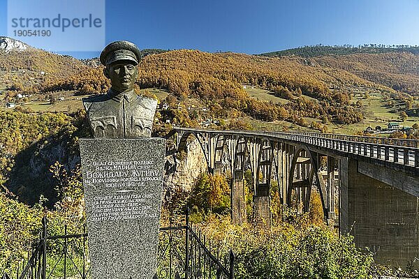 Statue des Planers Mijat S. Trojanovi? vor der Tara-Brücke im Herbst  Pljevlja  Montenegro  Europa