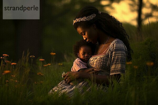 Mutter  afro amerikanisch  mit kleiner Tochter liebevoll in einer Wiese in der Sonne  Liebe  Familie  Freude  KI generiert