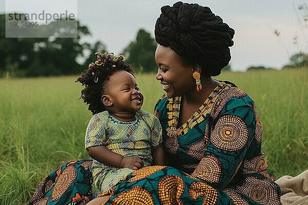 Mutter  afro amerikanisch  mit kleiner Tochter liebevoll in einer Wiese in der Sonne  Liebe  Familie  Freude  KI generiert