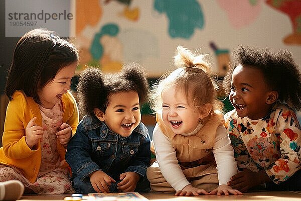 Fröhlich spielende Kinder verschiedener Ethnien  afro amerikanisch  eurasich  asiatisch  im Kindergarten  KI generiert