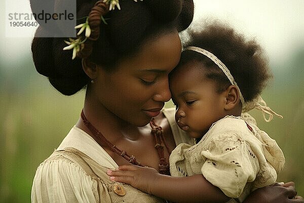 Mutter  afro amerikanisch  mit kleiner Tochter liebevoll in einer Wiese in der Sonne  Liebe  Familie  Freude  KI generiert