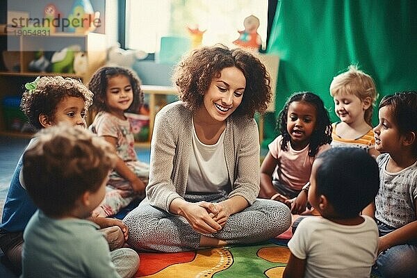 Fröhlich spielende Kinder verschiedener Ethnien  afro amerikanisch  eurasich  asiatisch  im Kindergarten  KI generiert