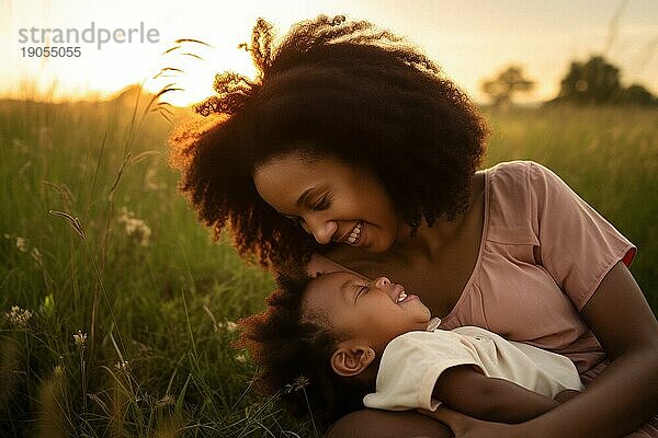 Mutter  afro amerikanisch  mit kleiner Tochter liebevoll in einer Wiese in der Sonne  Liebe  Familie  Freude  KI generiert